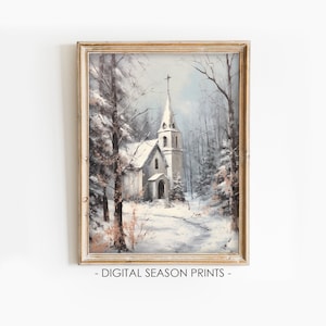Old Country Church Painting, Winter Snowy Landscape Print, Printable Digital Wall Decor
