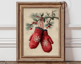 Christmas Mittens Printable Wall Art, Vintage Winter Holiday Print, Digital Download