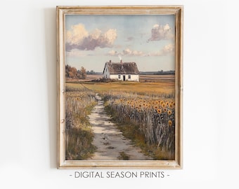Sunflower Farmhouse Wall Art Printable, Danish Countryside Field Print, Rustic Kitchen Decor