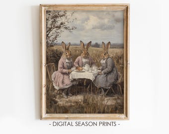 Impressão vintage de coelhinhos da Páscoa, arte de parede campestre de primavera para imprimir, download digital.
