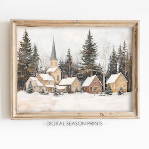 Winter Village Church Wall Art, Printable Christmas Wall Art, Snowy Holiday Landscape Print, Rustic Country Scene Decor, Digital Download