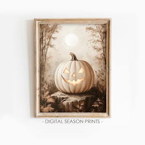 Pumpkin Wall Art Printable, Rustic Halloween Jack-o’-Lantern with Moon, Digital Download