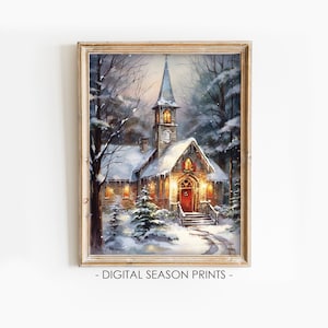 Snowy Church Painting, Winter Landscape Print, Christmas Printable Digital Wall Decor