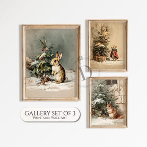 Woodland Christmas Print Set: Bunny, Mouse & Squirrel - Vintage Holiday Decor (Digital Download)