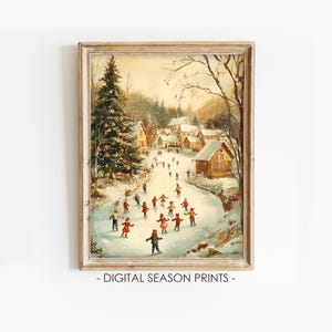 Christmas Village Art, Printable Winter Wall Art, Vintage Holiday Ice Skating Print, Digital Download