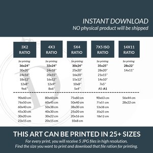 K&ouml;nnte beinhalten: Eine digitale Kunstdruck-Gr&ouml;&szlig;entabelle mit verschiedenen Verh&auml;ltnissen, darunter 3x2, 4x3, 5x4, 7x5 ISO und 14x11. Die Tabelle listet Druckgr&ouml;&szlig;en in cm auf, mit dem Text "SOFORTIGER DOWNLOAD" oben.