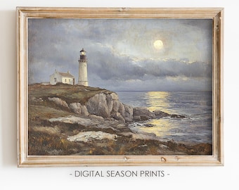 Lighthouse Wall Art Printable, New England Moonlit Seascape Print, Nautical Cottage Living Room Decor