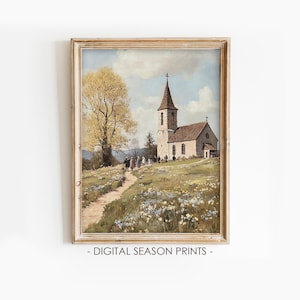 May include: A vintage painting of a white church with a tall steeple, surrounded by green grass and wildflowers. People are walking towards the church on a path.