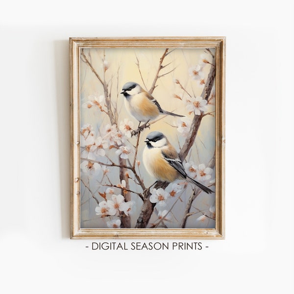 Spring Bird In Apple Tree, Spring Wall Art, Tit Bird Spring Print, Spring Decor, Easter Print, Printable Bird Art