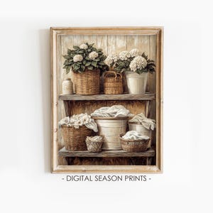 Laundry Room Decor, Printable Laundry Baskets Painting, Vintage Country Print, Rustic Cottagecore Decor