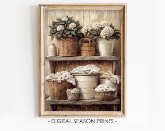 Vintage Laundry Baskets Print: Rustic Cottagecore Decor (Digital Download)