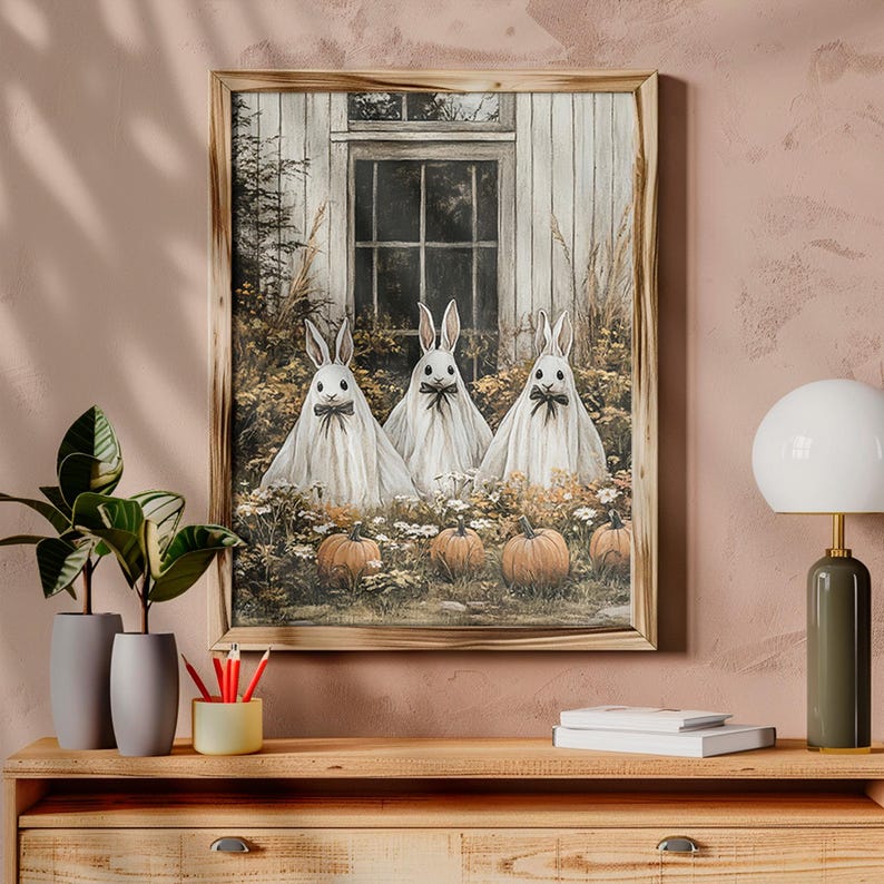 Ghostly Rabbit Ghost Bunny Wall Art Print, Printable Rustic Halloween Rabbit Trio With ...
