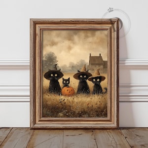 Black Cats with Pumpkin Printable Wall Art, Vintage Halloween Farm Scene, Digital Download