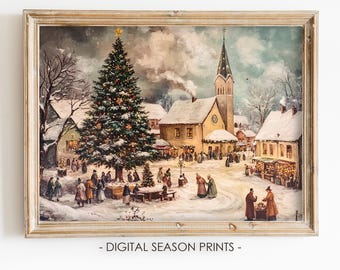 Christmas Village Wall Art Print, Vintage Winter Town Square Scene, Digital Download