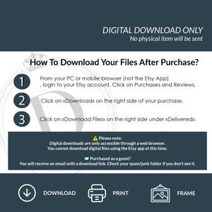 K&ouml;nnte beinhalten: Eine Anleitung zum digitalen Download mit Anweisungen zum Herunterladen von Dateien nach dem Kauf. Der Text enth&auml;lt Schritte zum Herunterladen von einem PC oder mobilen Browser, nicht &uuml;ber die Etsy-App.