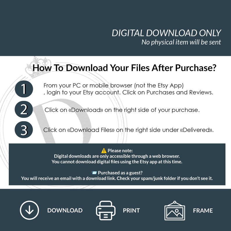 K&ouml;nnte beinhalten: Eine Anleitung zum digitalen Download mit Anweisungen zum Herunterladen von Dateien nach dem Kauf. Der Text enth&auml;lt Schritte zum Herunterladen von einem PC oder mobilen Browser, nicht &uuml;ber die Etsy-App.
