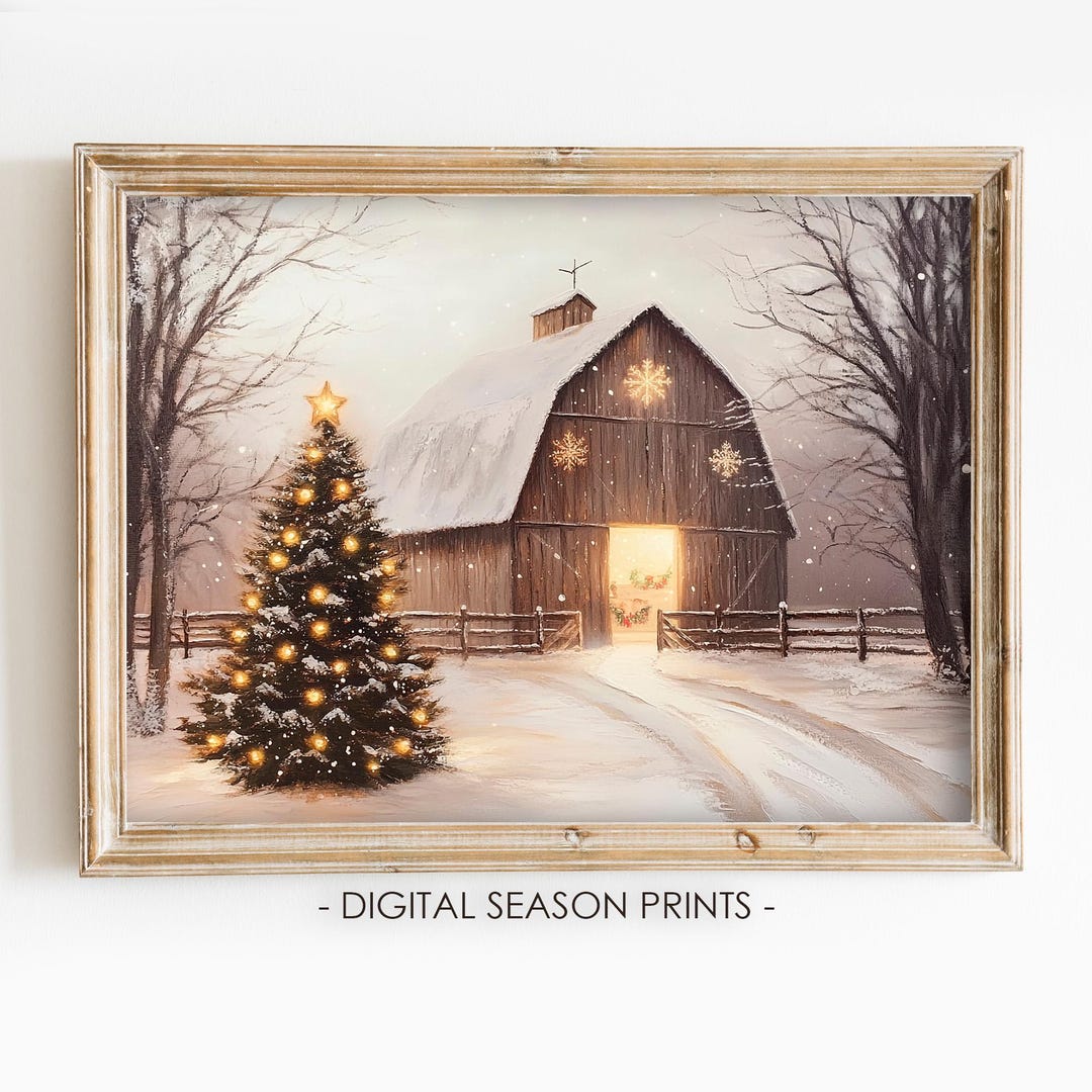 Christmas Barn Print, Vintage Farmhouse Holiday Tree Printable Wall Art ...