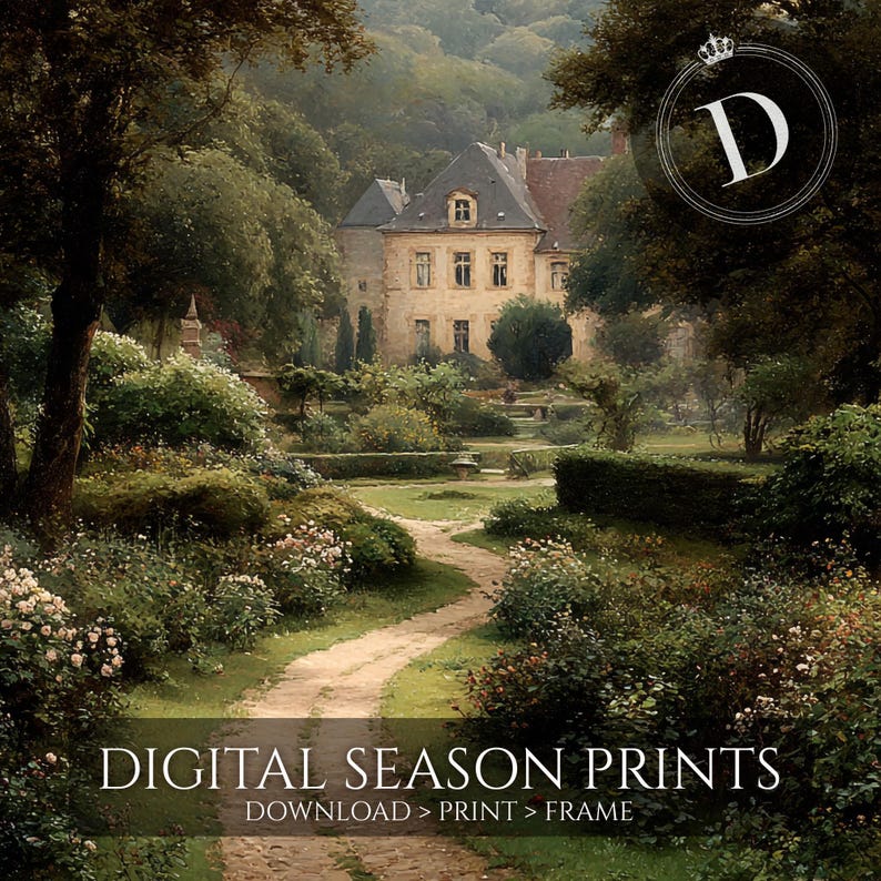 May include: An antique-style painting of a European estate with a winding dirt path leading to a large building. Lush greenery and trees surround the building. The text "DIGITAL SEASON PRINTS" is at the bottom.