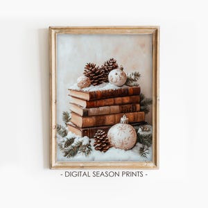 Christmas Book Stack Wall Art, Printable Winter Wall Art, Vintage Holiday Decor Print, Snowy Literary Still Life, Digital Download
