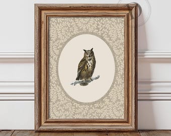 Owl Oval Wall Art Printable, Vintage Eagle Owl Illustration Print, Cottagecore Living Room Decor