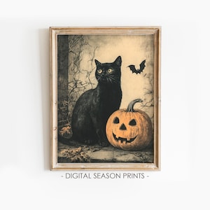 Black Cat with Pumpkin Painting, Printable Vintage Halloween Wall Art, Spooky Farmhouse Decor, Rustic Cottagecore, Retro Halloween Cat Print