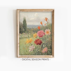 Flower Garden Wall Art, Printable Spring Wall Art, Cottage Floral Meadow Print, Vintage Botanical Landscape, Digital Download