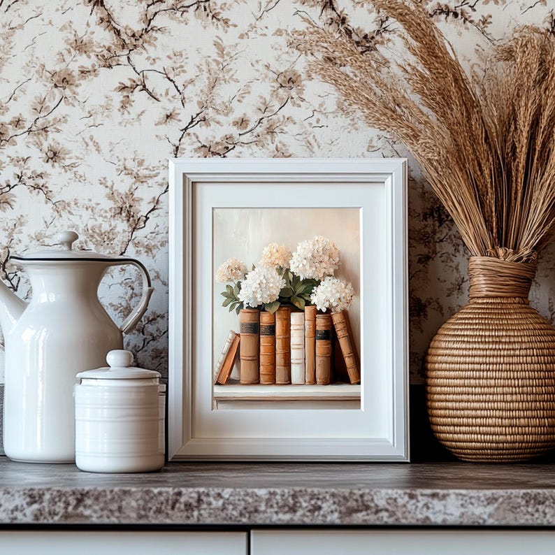 Book Stack Art Rustic Spring Wall Art Hydrangea Spring Decor Wildflower