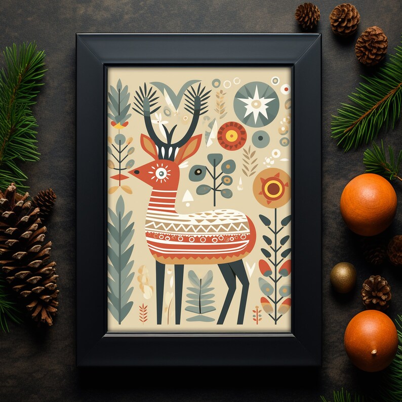 Scandinavian Deer Painting, Nordic Folk Art, Swedish Christmas Print, Printable Holiday Decor - Etsy