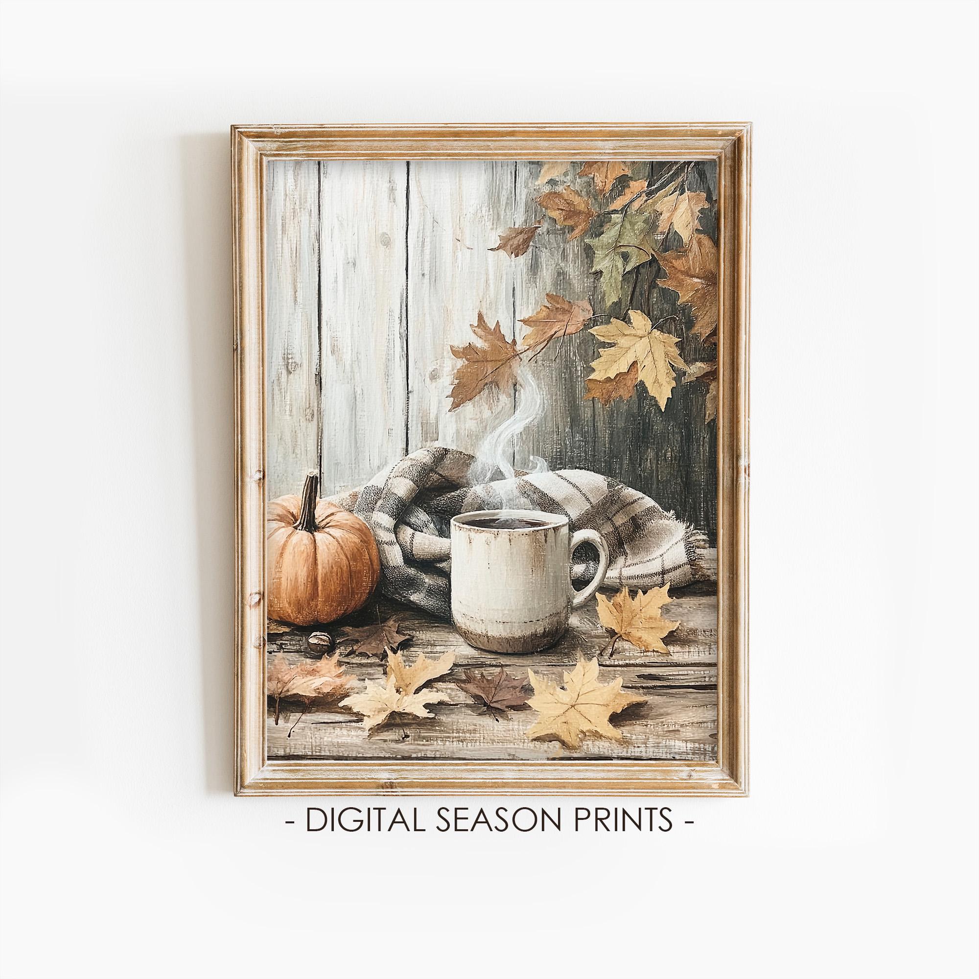 Pumpkin and Coffee Printable Wall Art, Rustic Autumn Still Life