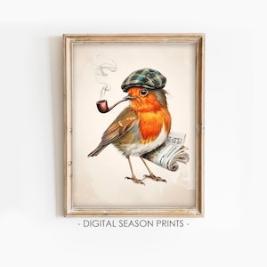 Op de afbeelding: Een roodborstje met een geruite hoed, dat een pijp en een krant vasthoudt. Het roodborstje zit op een lichtbruine achtergrond.