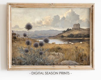 May include: A framed painting of a landscape with a castle in the distance. The painting is in a light wood frame and features a field of wildflowers in the foreground.