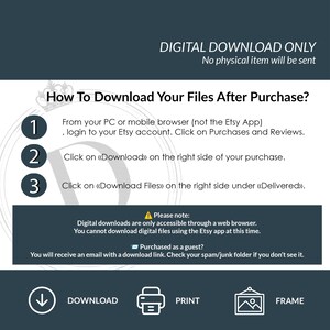 May include: A digital download guide with instructions on how to download files after purchase. The text includes steps for downloading from a PC or mobile browser, not the Etsy app. It also includes a note about accessing downloads via a web browser.