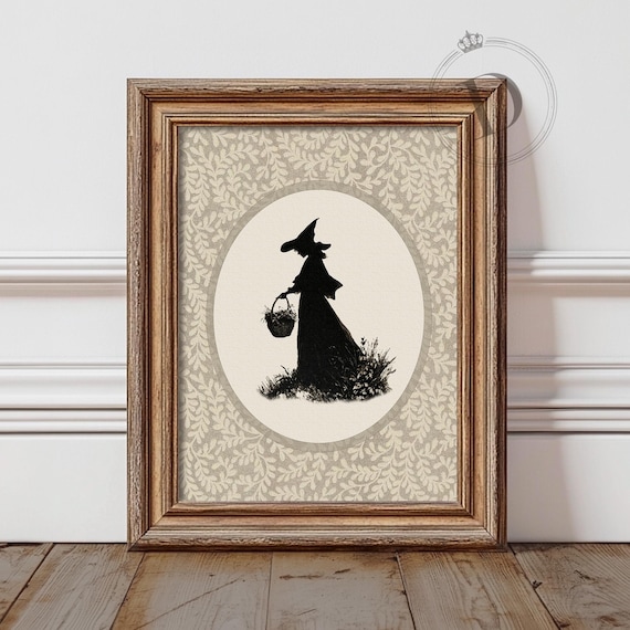 Cottage Witch Oval Wall Art Printable, Vintage Witch Silhouette Print, Dark Cottagecore Bedroom Decor