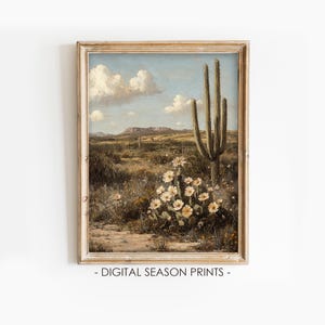Cactus Flowers in Sonoran Desert Print, Vintage Oil Painting of Blooming Cacti, Printable Wall Art