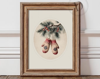 Christmas Mittens Printable Wall Art, Vintage Winter Holiday Print, Digital Download