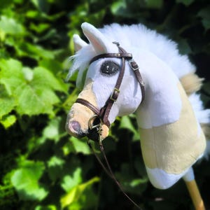 Handcrafted Hobby horse piebald with BRIDLE + BIT + REINS - gift for a horse lover