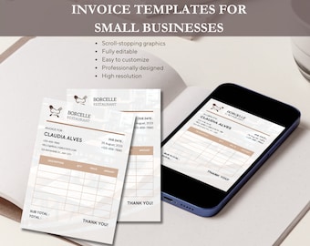 Beige and White Modern Restaurant Invoice, Editable Invoice & Receipt Canva Template Bundle | Invoice Template | Editable Invoice