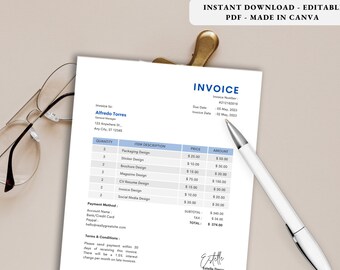 Blue Modern Multimedia Business Invoice, Editable Invoice & Receipt Canva Template Bundle | Invoice Template | Editable Invoice
