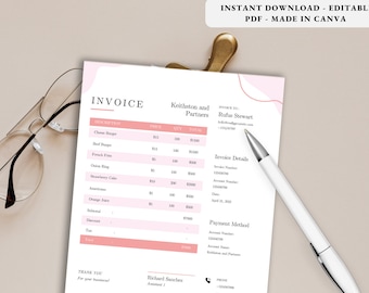 Modèle de facture d’entreprise moderne et audacieux rose Ensemble de modèles Canva de facture et de reçu modifiables | Modèle de facture | Facture modifiable