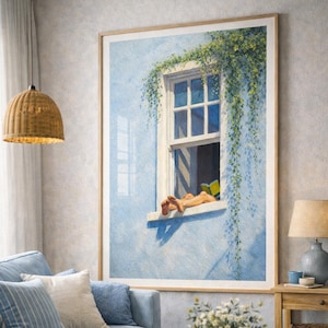 ブルーネイビーのミニマリストデジタルウォールアート、美しい室内装飾、穏やかな夏の窓辺のプリント、読書好きのためのデジタルダウンロード、デジタルウォールアート