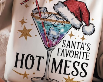 Glittered Santa's Hot Mess PNG, Glitter Christmas Martini Png, Christmas Drink Shirt Png, Alcohol Xmas png, Glitter Santa Hat, Png File