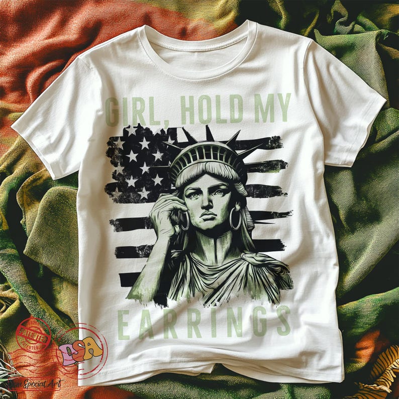 May include: White t-shirt featuring a graphic of the Statue of Liberty holding a phone and the text "Girl, Hold My Earrings".