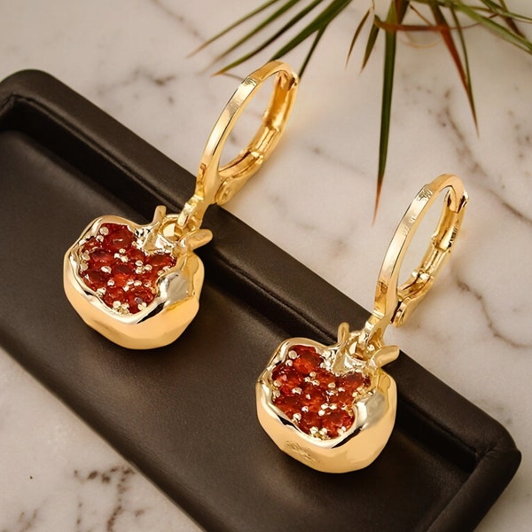 Pomegranate Earrings|Pomegranate Design Earrings| Handmade Pomegranate Jewelry|turkish jewelry| Pomegranete| 18k Gold Dangle Earrings