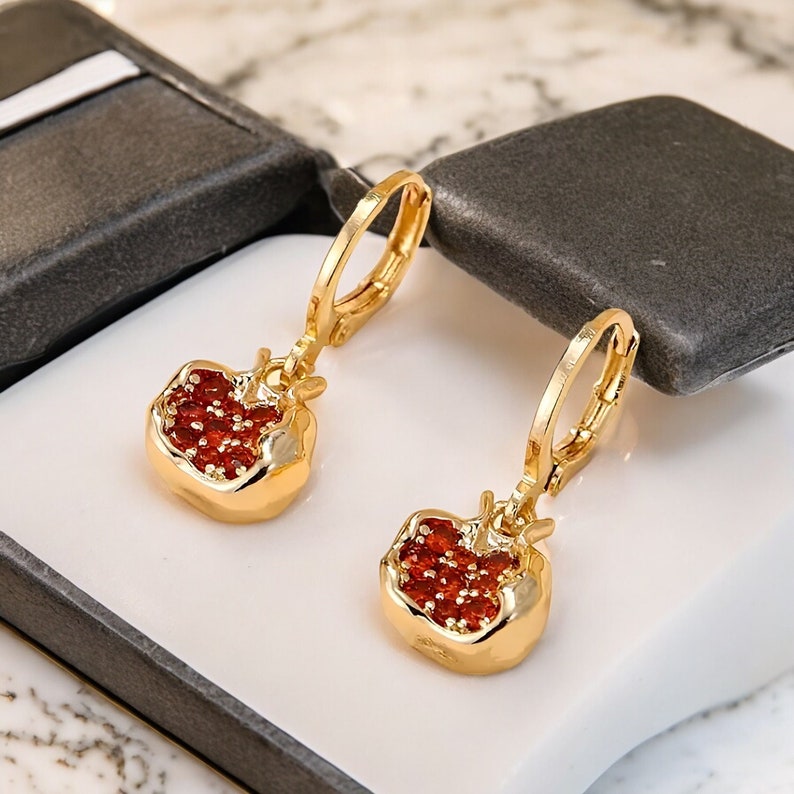 Pomegranate Earrings|Pomegranate Design Earrings| Handmade Pomegranate Jewelry|turkish jewelry| Pomegranete| 18k Gold Dangle Earrings