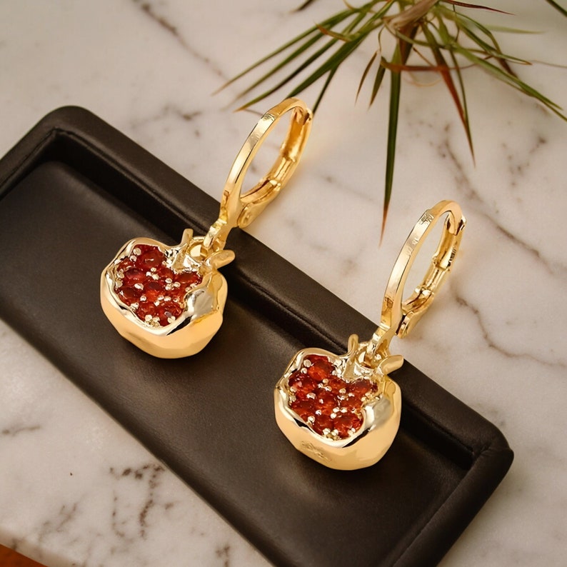 Pomegranate Earrings|Pomegranate Design Earrings| Handmade Pomegranate Jewelry|turkish jewelry| Pomegranete| 18k Gold Dangle Earrings