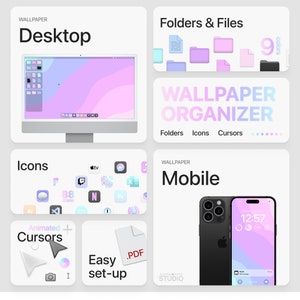 Desktop Wallpaper Aesthetic Organizer, Folder Icons, Computer Cursor, Minimalist Bundle Apple Macbook Windows, Pink Blue Pastel