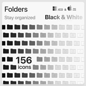 May include: A set of 156 black and white folder icons in various shades of grey. The icons are arranged in a grid pattern and are labelled "Folders" and "Black & White".