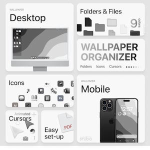 May include: A digital illustration of a desktop and mobile phone screen with a gray and white abstract design. The illustration includes icons for popular apps and a folder system. The text "WALLPAPER ORGANIZER" is displayed in black text on a white background.