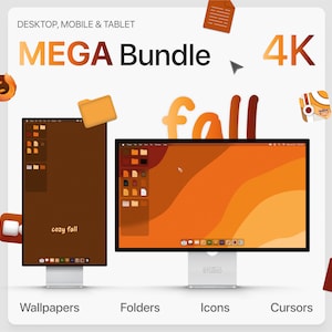 Op de afbeelding: Een digitale desktop designbundel met een herfstthema. De bundel bevat achtergronden, mappen, pictogrammen en cursors in een warm oranje en bruine kleurenschema. De tekst "cozy fall" is zichtbaar op een van de achtergronden.
