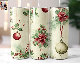 Christmas Tumbler Wrap Design, 20 oz Skinny Tumbler Sublimation Template, Mistletoe Ornament Print, Digital Printable Instant Download